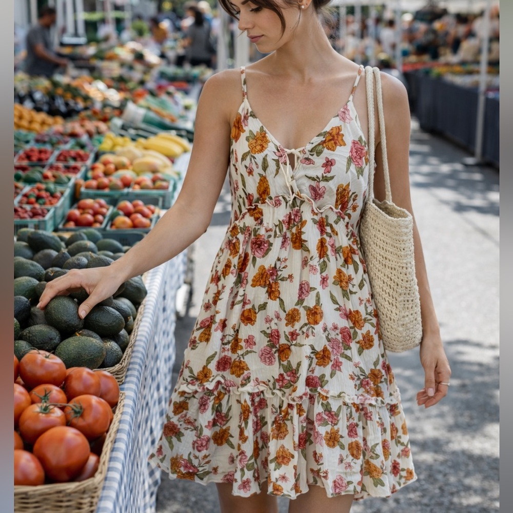 Endless Blu Floral Ruffle Mini Dress Cream Pink Rust Cross Back Boho Women’s